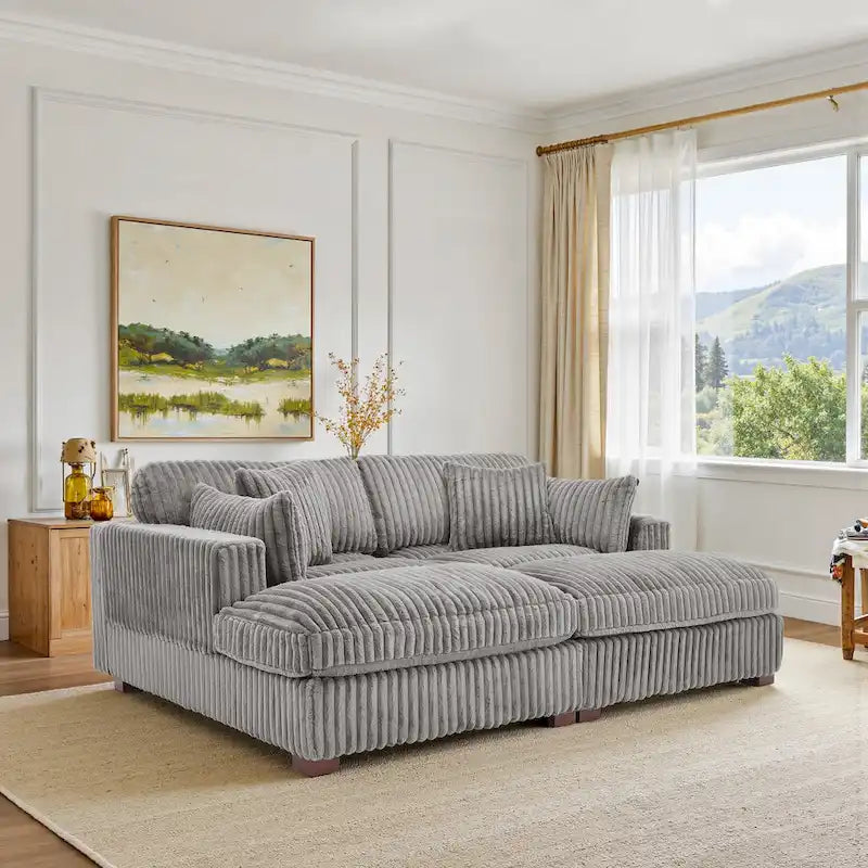 Set Divano Chaise Longue in Cotone Felpato, 2 pezzi, Colori Multipli, 2 o 4 Cuscini