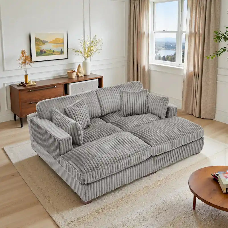 Set Divano Chaise Longue in Cotone Felpato, 2 pezzi, Colori Multipli, 2 o 4 Cuscini