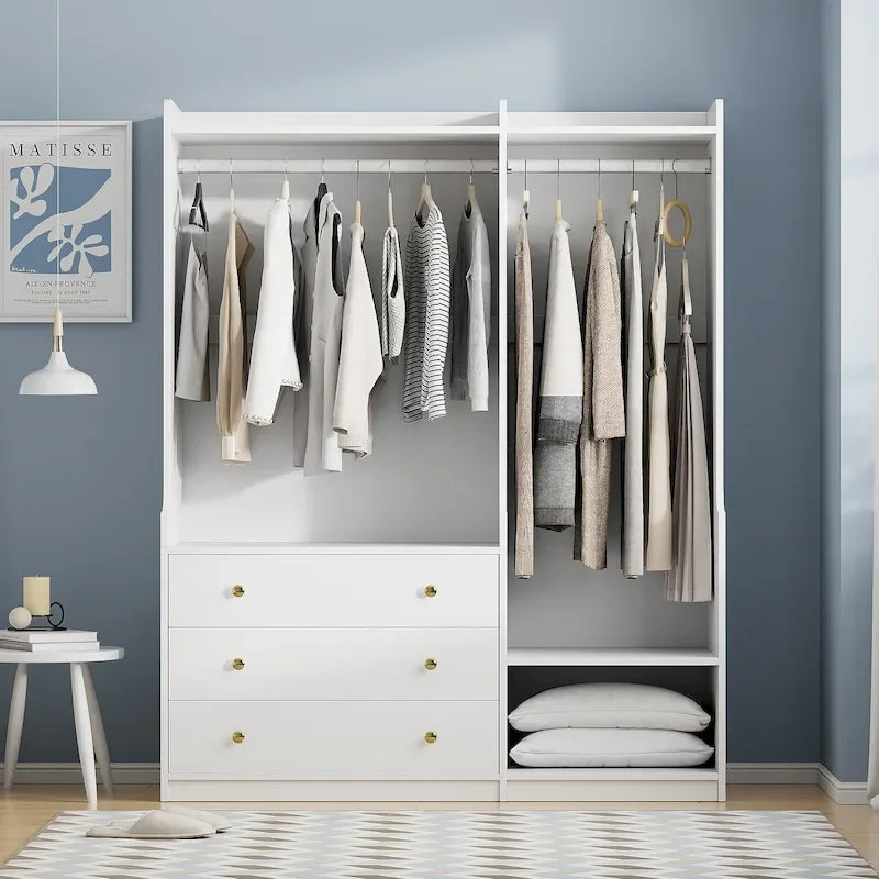 Armadio Aperto con 2 Aste Appendiabiti e 3 Cassetti, Bianco / Grigio / Marrone