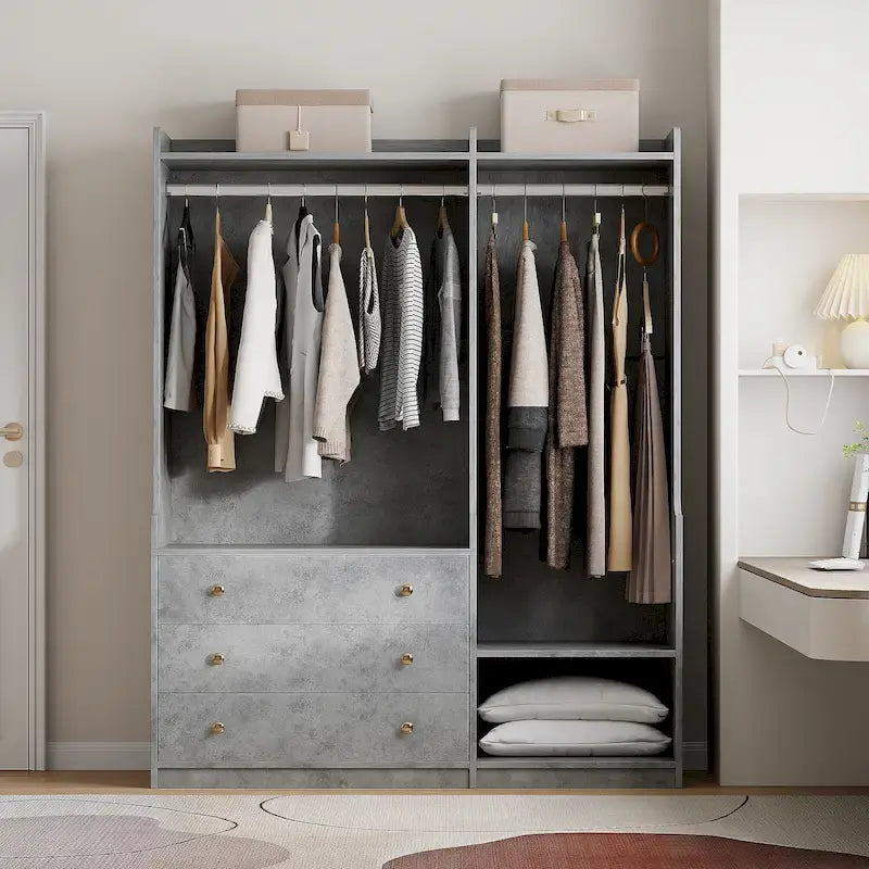 Armadio Aperto con 2 Aste Appendiabiti e 3 Cassetti, Bianco / Grigio / Marrone