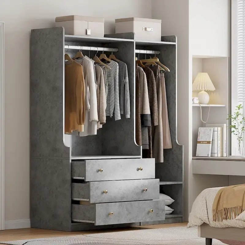 Armadio Aperto con 2 Aste Appendiabiti e 3 Cassetti, Bianco / Grigio / Marrone