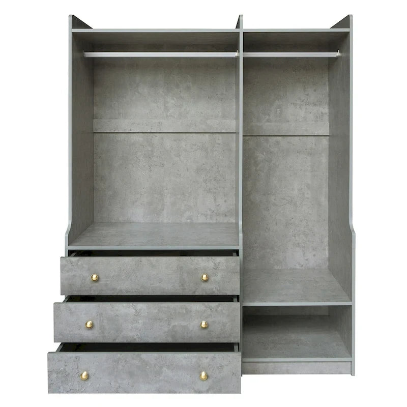 Armadio Aperto con 2 Aste Appendiabiti e 3 Cassetti, Bianco / Grigio / Marrone