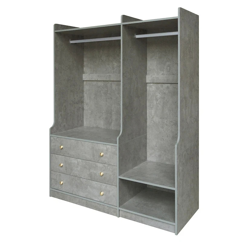 Armadio Aperto con 2 Aste Appendiabiti e 3 Cassetti, Bianco / Grigio / Marrone
