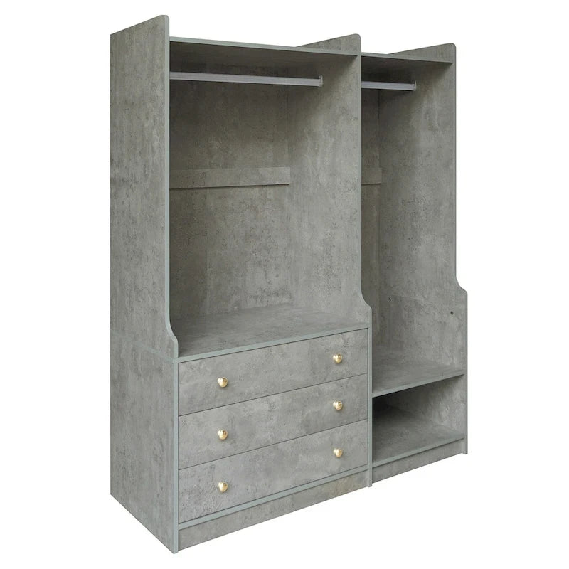 Armadio Aperto con 2 Aste Appendiabiti e 3 Cassetti, Bianco / Grigio / Marrone