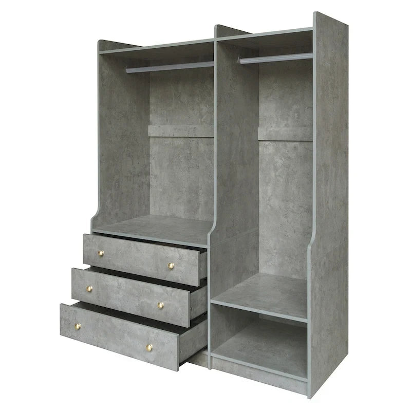 Armadio Aperto con 2 Aste Appendiabiti e 3 Cassetti, Bianco / Grigio / Marrone