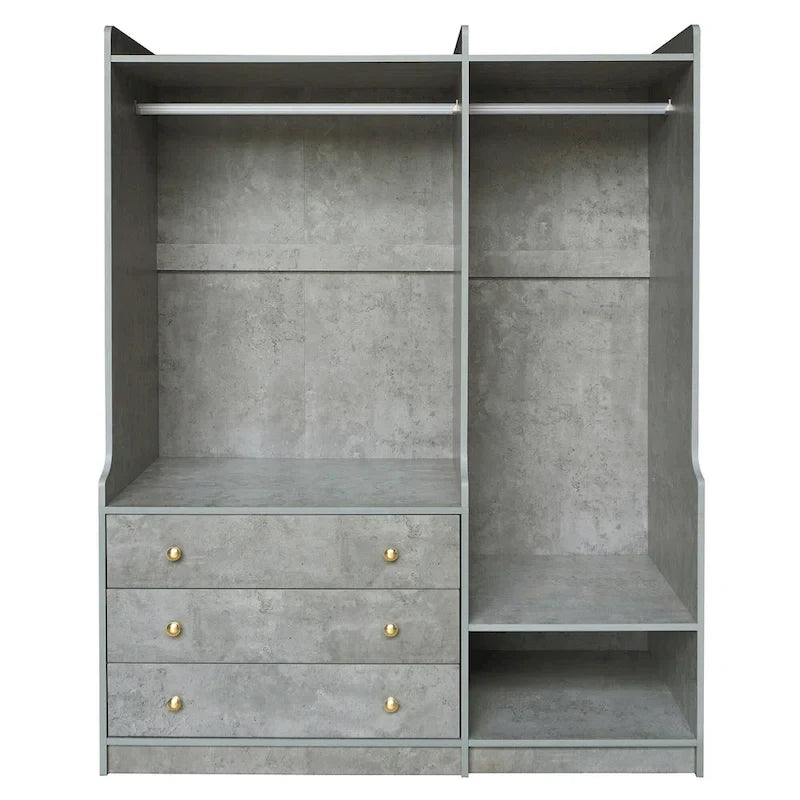 Armadio Aperto con 2 Aste Appendiabiti e 3 Cassetti, Bianco / Grigio / Marrone