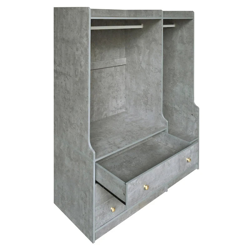 Armadio Aperto con 2 Aste Appendiabiti e 3 Cassetti, Bianco / Grigio / Marrone