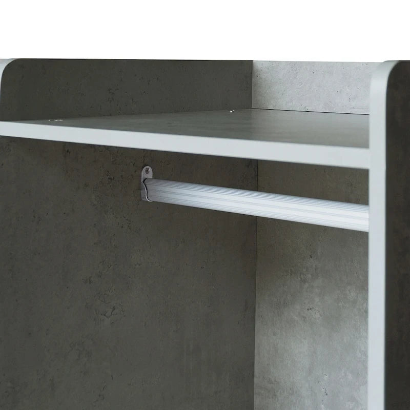 Armadio Aperto con 2 Aste Appendiabiti e 3 Cassetti, Bianco / Grigio / Marrone