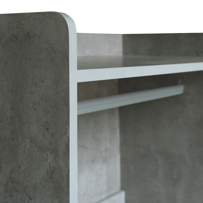 Armadio Aperto con 2 Aste Appendiabiti e 3 Cassetti, Bianco / Grigio / Marrone