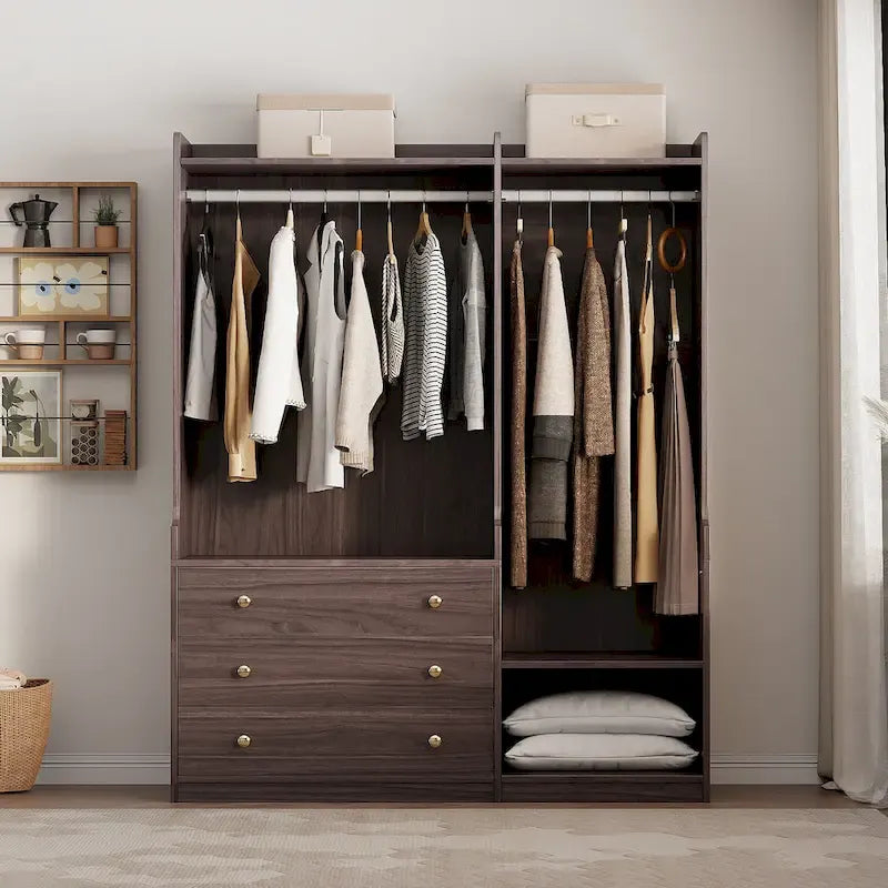Armadio Aperto con 2 Aste Appendiabiti e 3 Cassetti, Bianco / Grigio / Marrone