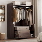 Armadio Aperto con 2 Aste Appendiabiti e 3 Cassetti, Bianco / Grigio / Marrone