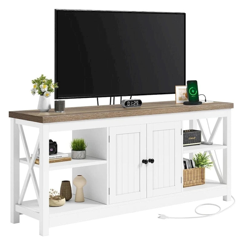 Mobile TV bianco con prese di corrente, 147 cm, adatto per TV fino a 65"
