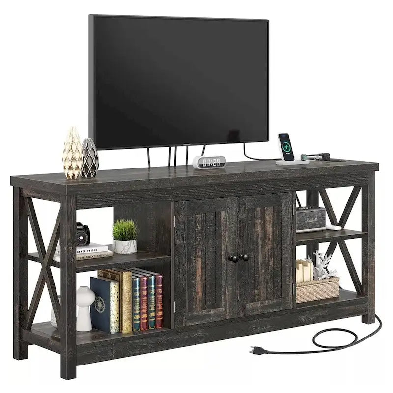 Mobile TV grigio con prese di corrente e porte USB, Adatto per TV fino a 65", 58 pollici