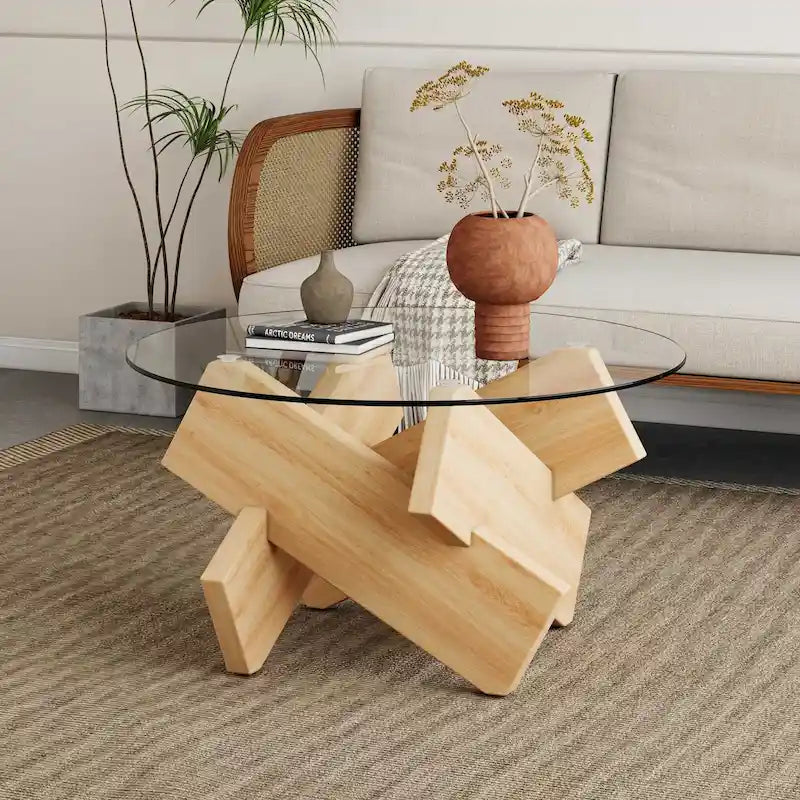 Tavolino da Caffè Rotondo in Vetro, Trasparente / Naturale / Grigio, Stile Moderno, 1 Posto