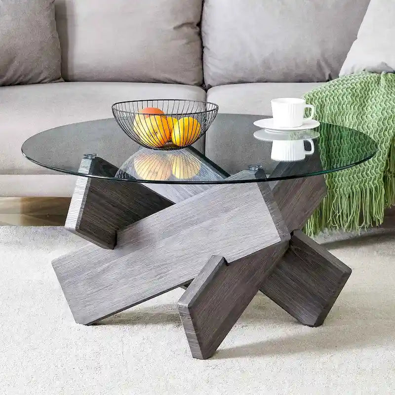 Tavolino da Caffè Rotondo in Vetro, Trasparente / Naturale / Grigio, Stile Moderno, 1 Posto
