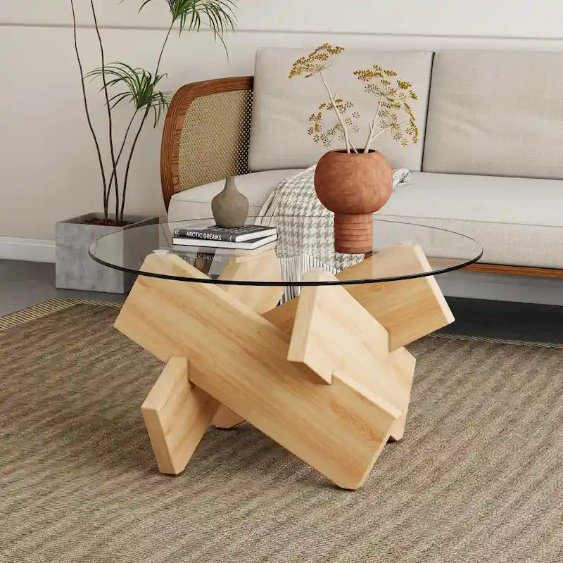 Tavolino da Caffè Rotondo in Vetro, Trasparente / Naturale / Grigio, Stile Moderno, 1 Posto