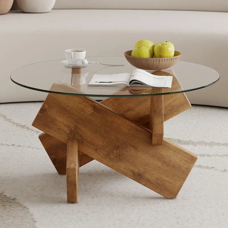 Tavolino da Caffè Rotondo in Vetro, Trasparente / Naturale / Grigio, Stile Moderno, 1 Posto