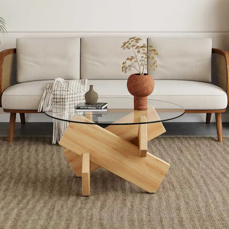 Tavolino da Caffè Rotondo in Vetro, Trasparente / Naturale / Grigio, Stile Moderno, 1 Posto