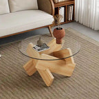 Tavolino da Caffè Rotondo in Vetro, Trasparente / Naturale / Grigio, Stile Moderno, 1 Posto