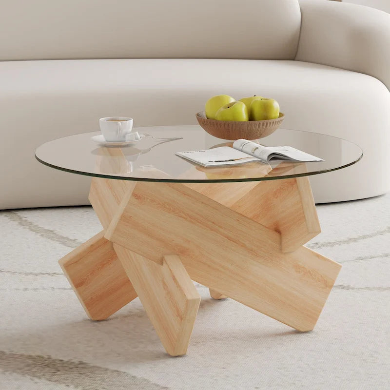 Tavolino da Caffè Rotondo in Vetro, Trasparente / Naturale / Grigio, Stile Moderno, 1 Posto