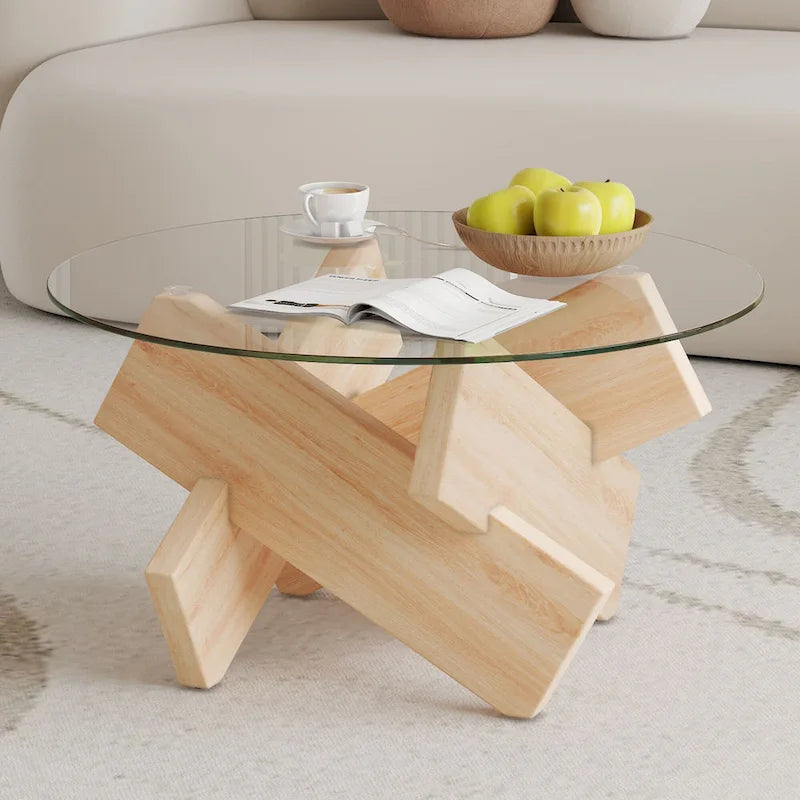 Tavolino da Caffè Rotondo in Vetro, Trasparente / Naturale / Grigio, Stile Moderno, 1 Posto