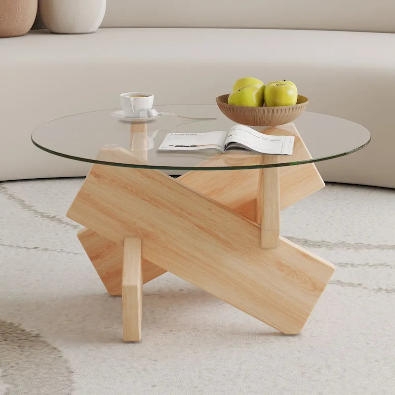 Tavolino da Caffè Rotondo in Vetro, Trasparente / Naturale / Grigio, Stile Moderno, 1 Posto