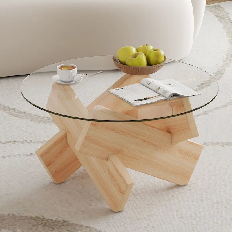 Tavolino da Caffè Rotondo in Vetro, Trasparente / Naturale / Grigio, Stile Moderno, 1 Posto
