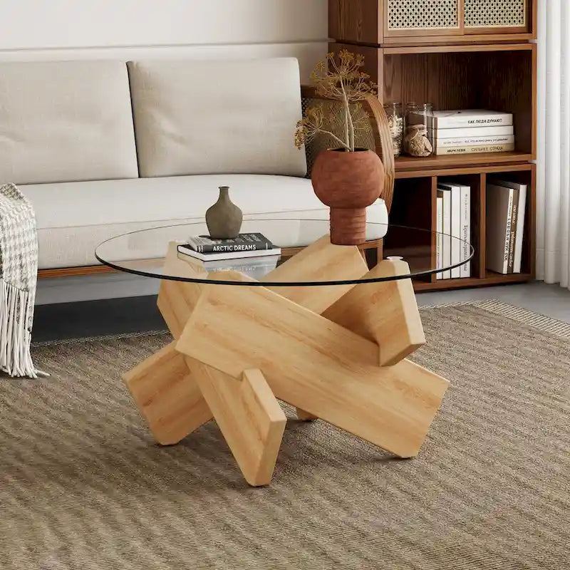 Tavolino da Caffè Rotondo in Vetro, Trasparente / Naturale / Grigio, Stile Moderno, 1 Posto