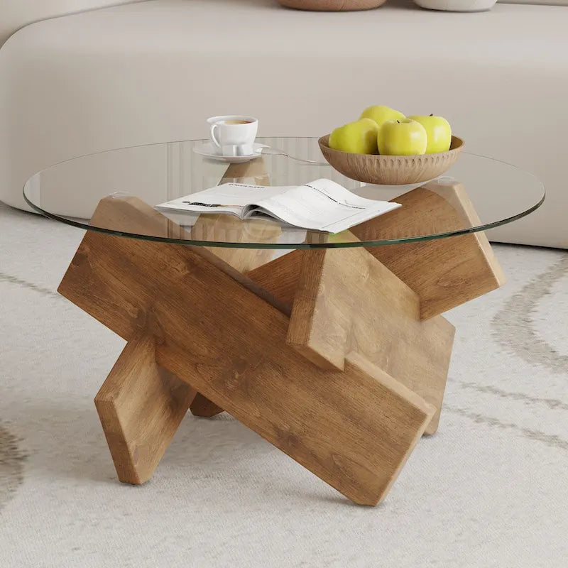 Tavolino da Caffè Rotondo in Vetro, Trasparente / Naturale / Grigio, Stile Moderno, 1 Posto