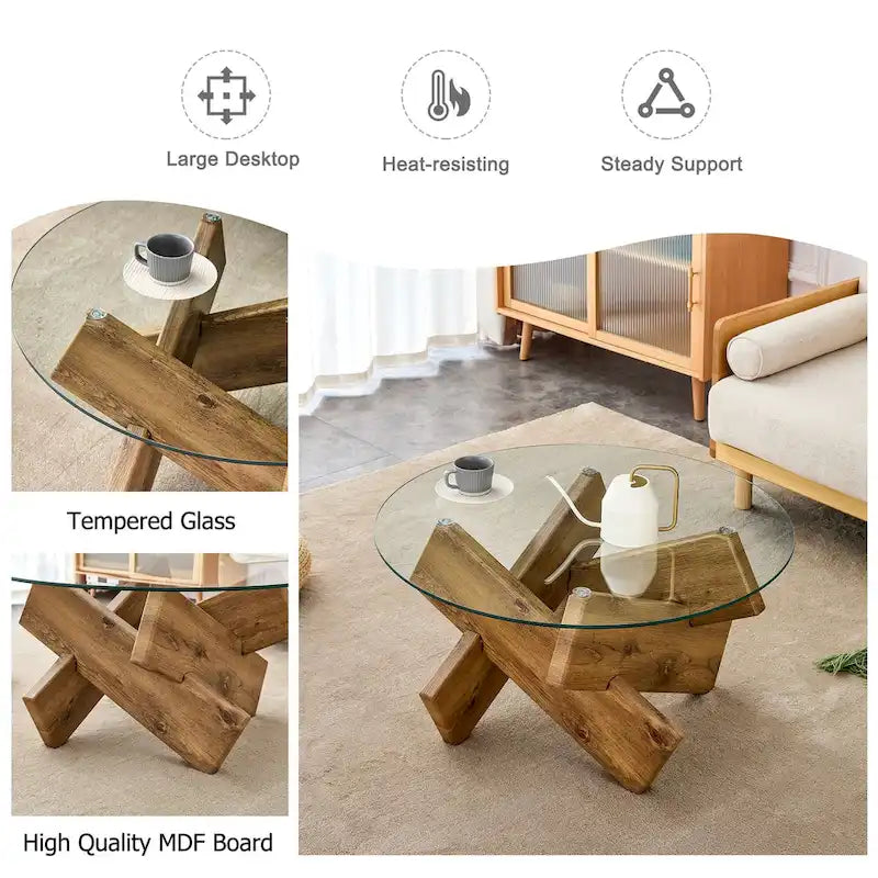 Tavolino da Caffè Rotondo in Vetro, Trasparente / Naturale / Grigio, Stile Moderno, 1 Posto