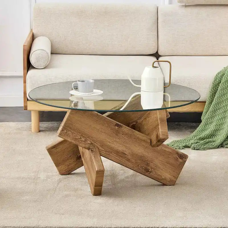 Tavolino da Caffè Rotondo in Vetro, Trasparente / Naturale / Grigio, Stile Moderno, 1 Posto