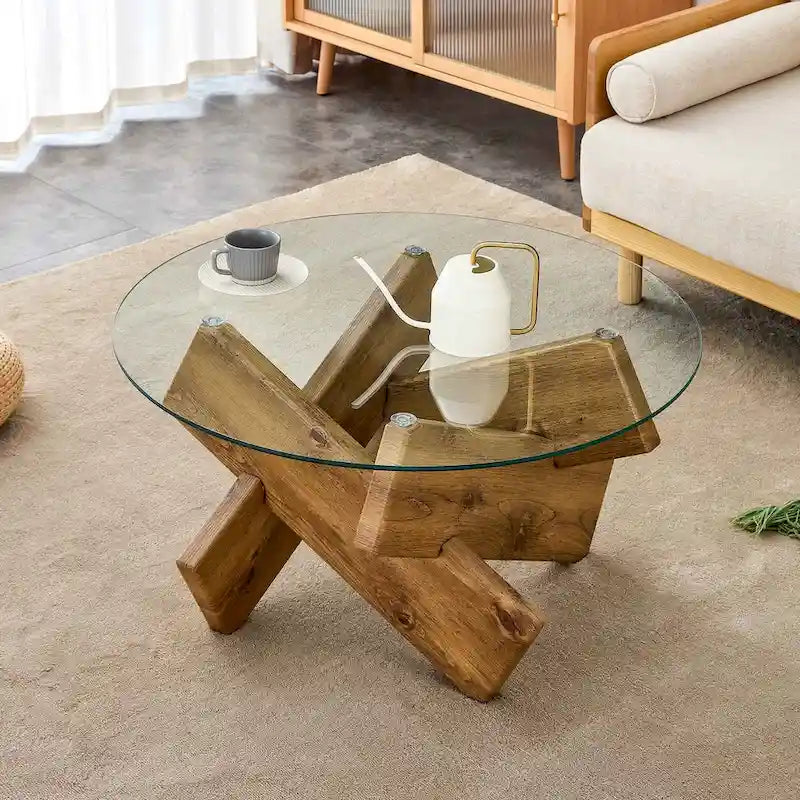 Tavolino da Caffè Rotondo in Vetro, Trasparente / Naturale / Grigio, Stile Moderno, 1 Posto