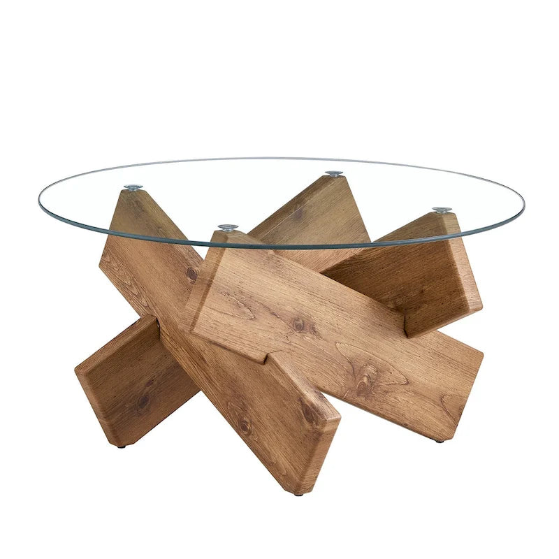 Tavolino da Caffè Rotondo in Vetro, Trasparente / Naturale / Grigio, Stile Moderno, 1 Posto