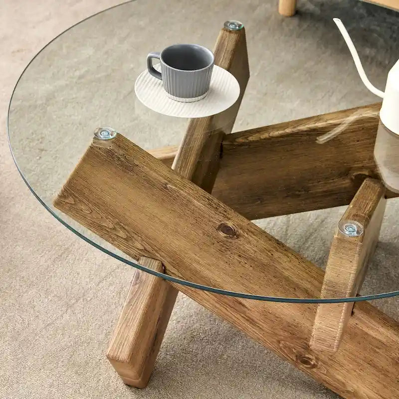 Tavolino da Caffè Rotondo in Vetro, Trasparente / Naturale / Grigio, Stile Moderno, 1 Posto