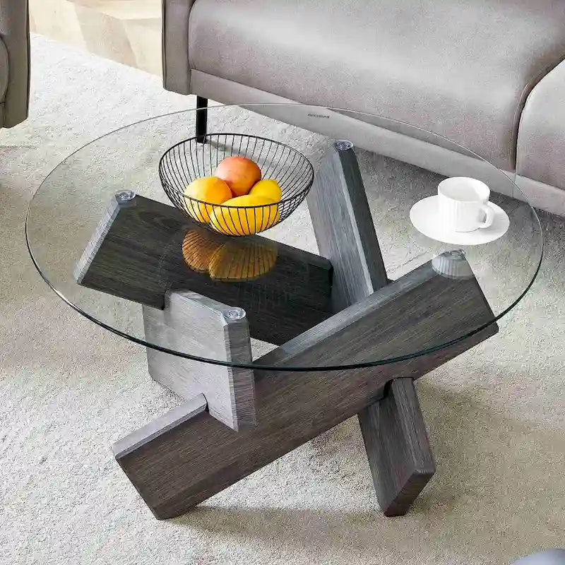 Tavolino da Caffè Rotondo in Vetro, Trasparente / Naturale / Grigio, Stile Moderno, 1 Posto