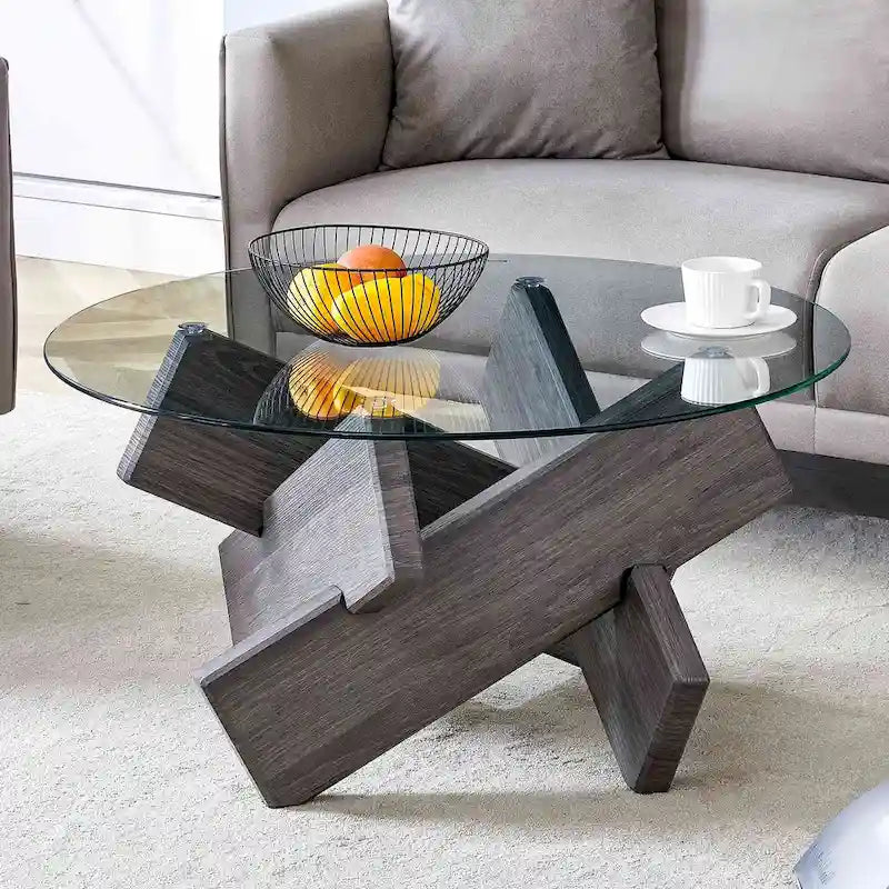 Tavolino da Caffè Rotondo in Vetro, Trasparente / Naturale / Grigio, Stile Moderno, 1 Posto