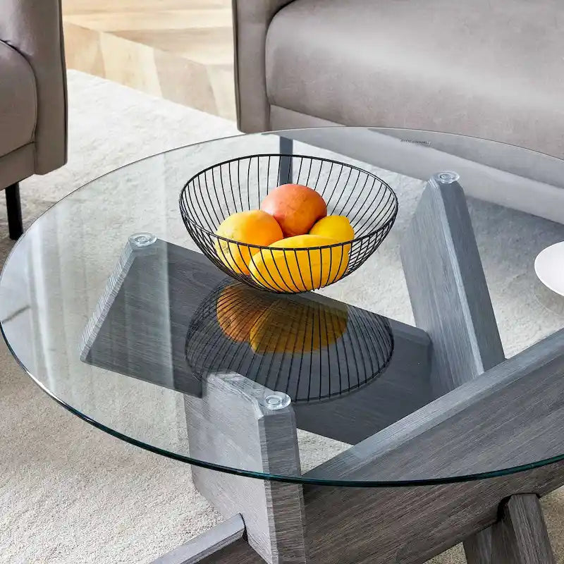 Tavolino da Caffè Rotondo in Vetro, Trasparente / Naturale / Grigio, Stile Moderno, 1 Posto
