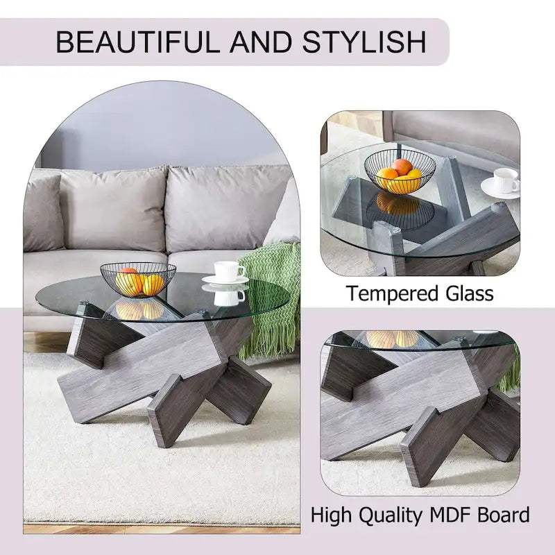 Tavolino da Caffè Rotondo in Vetro, Trasparente / Naturale / Grigio, Stile Moderno, 1 Posto