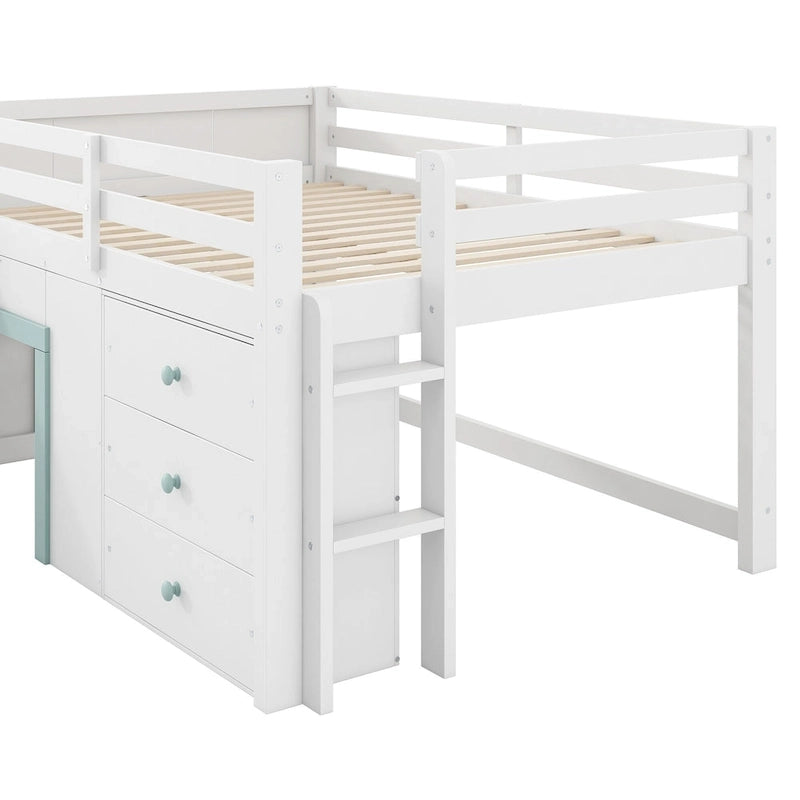 Letto a soppalco basso bianco a una piazza e mezza con scivolo, 3 cassetti e 2 ante – 1 posto letto