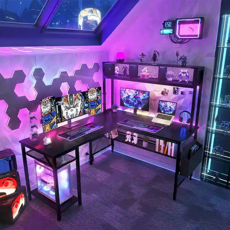 Scrivania da Gaming ad Angolo a L con LED RGB e Ciabatta Elettrica — Marrone Rustico / Bianco / Rosa / Nero / Rovere Grigio, 1 Posto