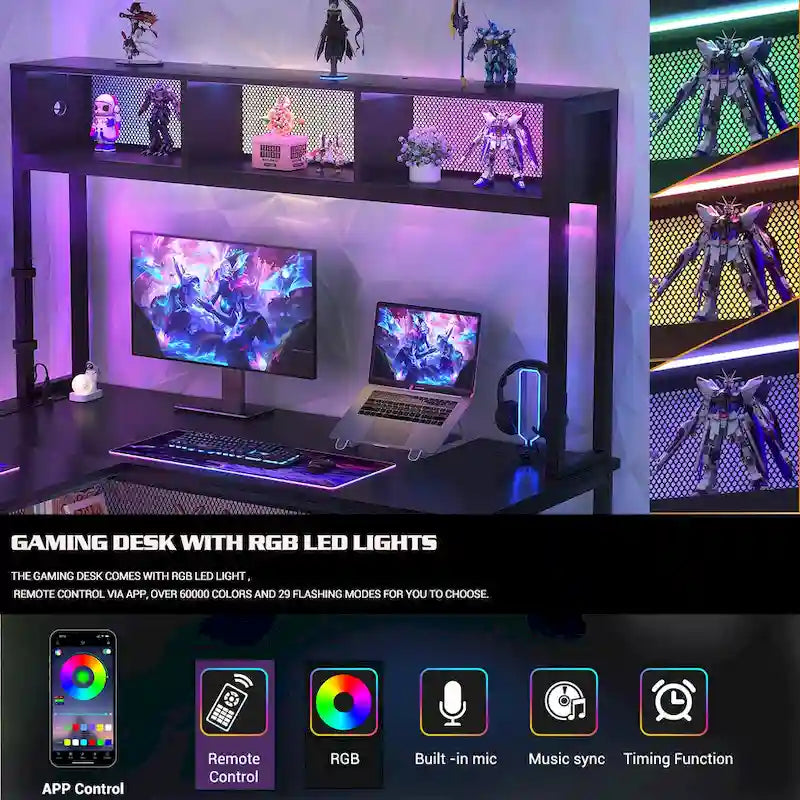 Scrivania da Gaming ad Angolo a L con LED RGB e Ciabatta Elettrica — Marrone Rustico / Bianco / Rosa / Nero / Rovere Grigio, 1 Posto