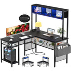 Scrivania da Gaming ad Angolo a L con LED RGB e Ciabatta Elettrica — Marrone Rustico / Bianco / Rosa / Nero / Rovere Grigio, 1 Posto