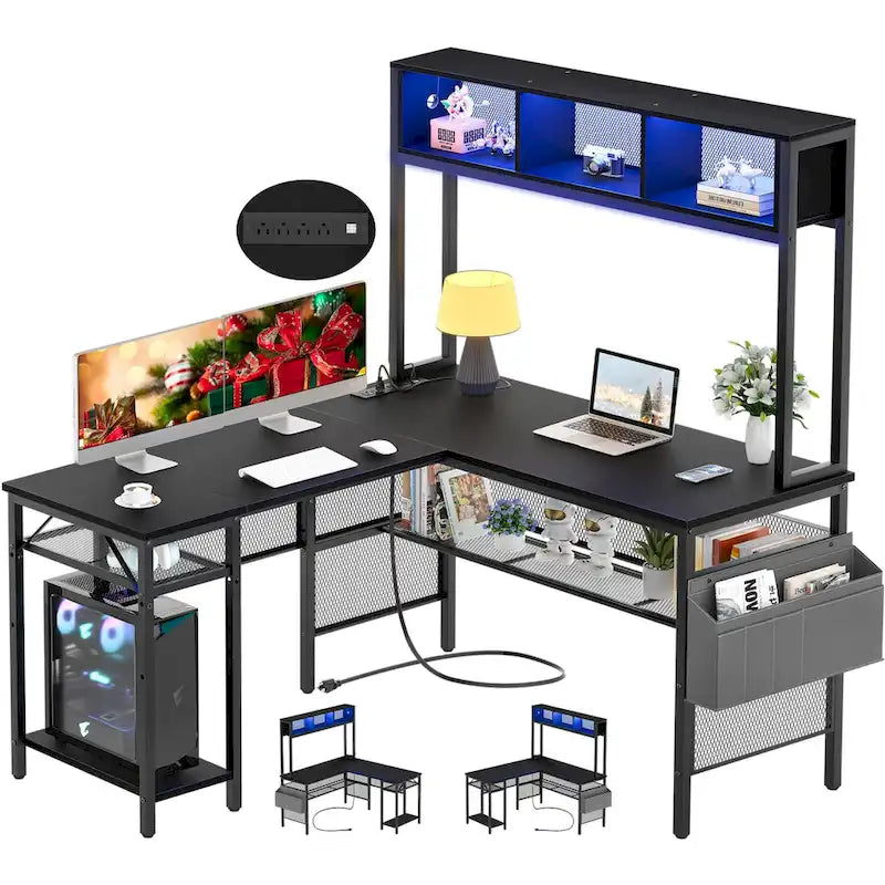 Scrivania da Gaming ad Angolo a L con LED RGB e Ciabatta Elettrica — Marrone Rustico / Bianco / Rosa / Nero / Rovere Grigio, 1 Posto