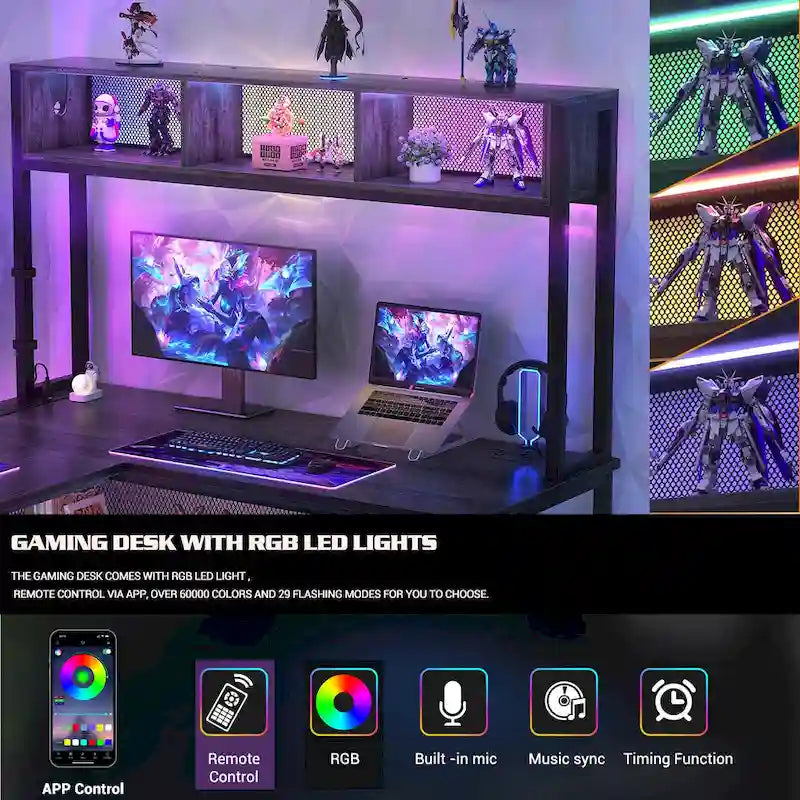 Scrivania da Gaming ad Angolo a L con LED RGB e Ciabatta Elettrica — Marrone Rustico / Bianco / Rosa / Nero / Rovere Grigio, 1 Posto