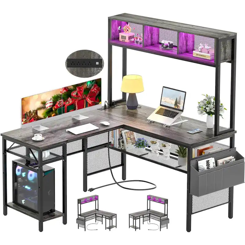 Scrivania da Gaming ad Angolo a L con LED RGB e Ciabatta Elettrica — Marrone Rustico / Bianco / Rosa / Nero / Rovere Grigio, 1 Posto