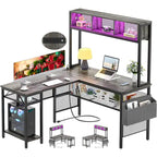 Scrivania da Gaming ad Angolo a L con LED RGB e Ciabatta Elettrica — Marrone Rustico / Bianco / Rosa / Nero / Rovere Grigio, 1 Posto