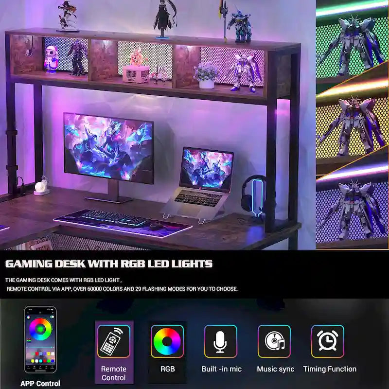 Scrivania da Gaming ad Angolo a L con LED RGB e Ciabatta Elettrica — Marrone Rustico / Bianco / Rosa / Nero / Rovere Grigio, 1 Posto