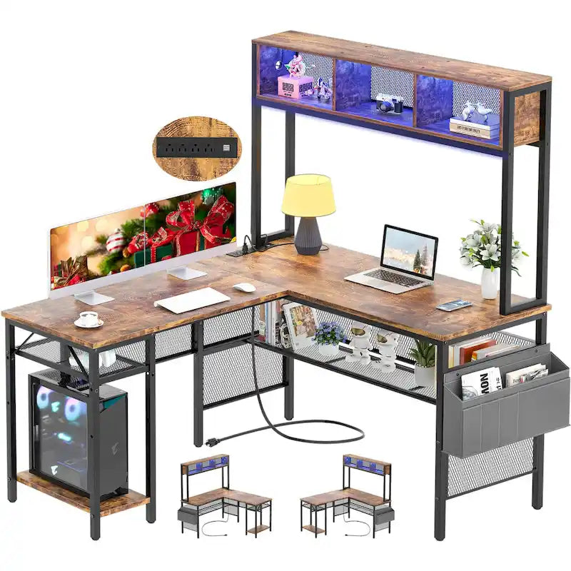 Scrivania da Gaming ad Angolo a L con LED RGB e Ciabatta Elettrica — Marrone Rustico / Bianco / Rosa / Nero / Rovere Grigio, 1 Posto