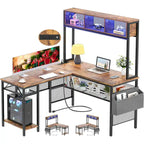 Scrivania da Gaming ad Angolo a L con LED RGB e Ciabatta Elettrica — Marrone Rustico / Bianco / Rosa / Nero / Rovere Grigio, 1 Posto