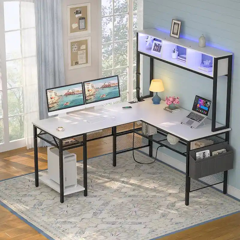 Scrivania da Gaming ad Angolo a L con LED RGB e Ciabatta Elettrica — Marrone Rustico / Bianco / Rosa / Nero / Rovere Grigio, 1 Posto